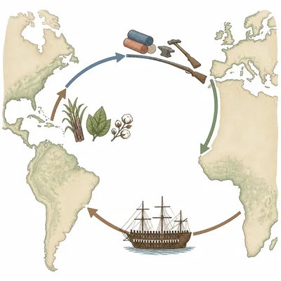 Triangular trade diagram connecting Europe, Africa, and the Americas with goods and ships.
