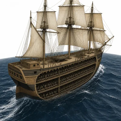 Cutaway illustration of a slave ship crossing the ocean during the Middle Passage.