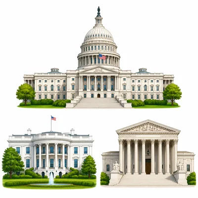 Three civic buildings represent the legislative, executive, and judicial branches.
