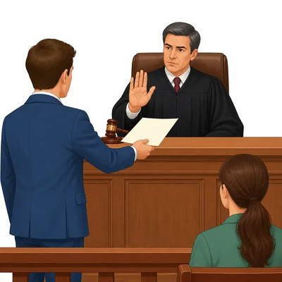 A court scene shows a law document being rejected.