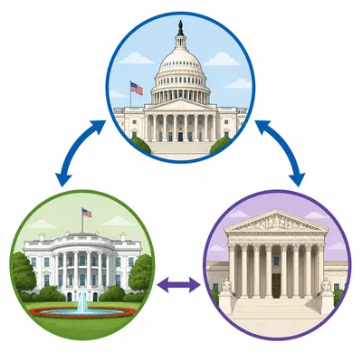 Three branch symbols are paired with lawmaking, carrying out laws, and court review.