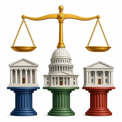 Three government branch symbols support a balanced scale together.