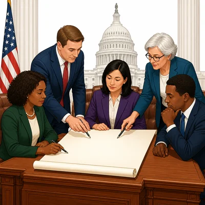 Lawmakers in the legislative branch work on a blank bill.