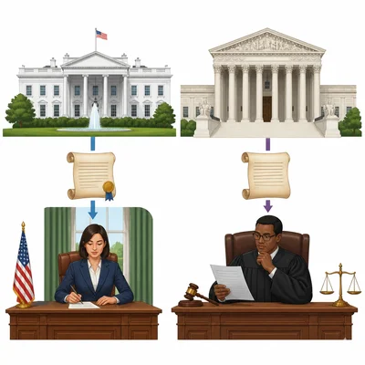 Executive and judicial branch symbols show carrying out laws and explaining laws.