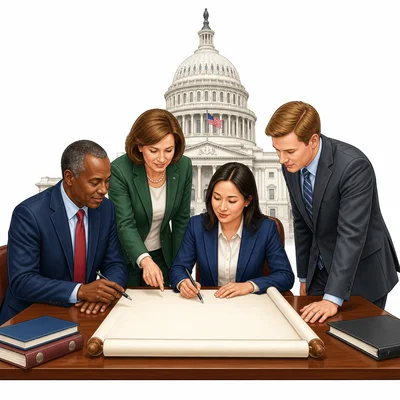 Lawmakers near a capitol building work on a blank bill.