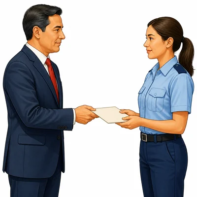 A leader gives a document to a public worker to carry out a law.