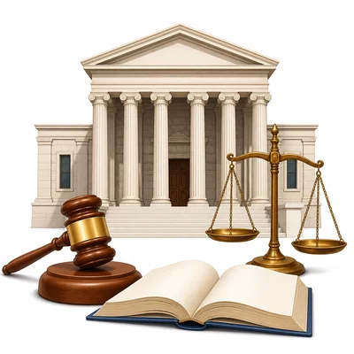 A courthouse, gavel, scales, and open book represent the judicial branch.