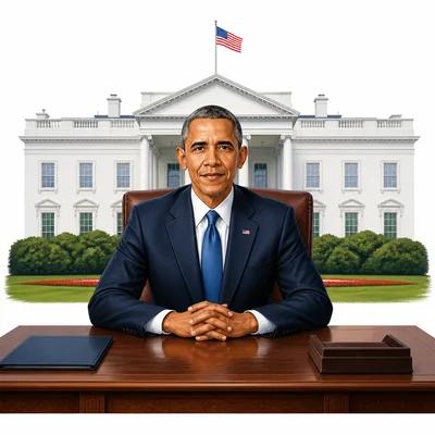 The President sits at a desk in front of a presidential building.