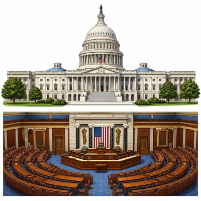 A capitol building and meeting chamber represent Congress.