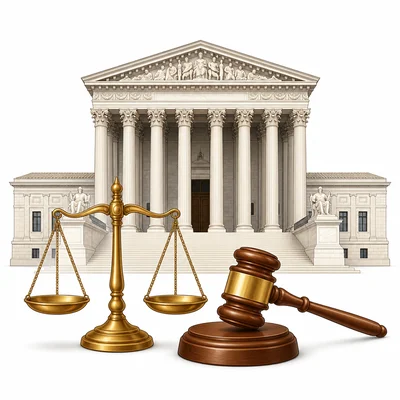 A courthouse with scales and a gavel represents the Supreme Court.