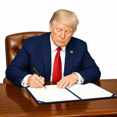 The President signs a blank bill at a desk.
