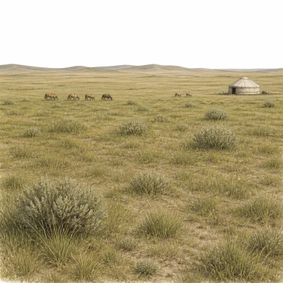 Open grassland steppe with grazing herd animals and a nomadic tent.