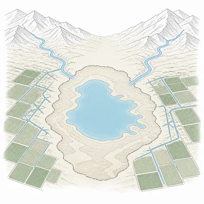 Rivers diverted to irrigation fields causing an inland sea to shrink.
