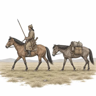 Mounted steppe rider and pack horse crossing open grassland.