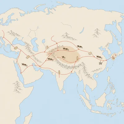Unlabeled Silk Roads map with routes crossing Central Asia and trade goods icons.