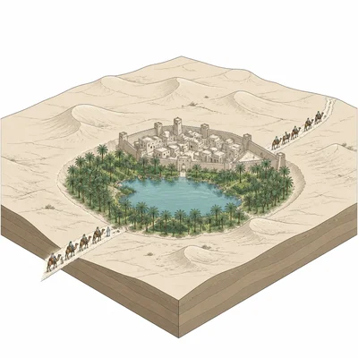Oasis city with water, palms, walls, and camel caravans in the desert.