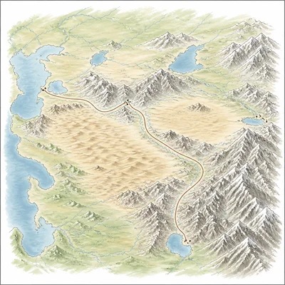 Unlabeled terrain diagram showing mountains, deserts, grasslands, settlements, and a trade route.