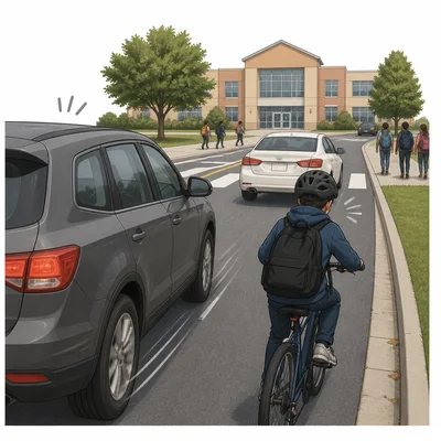 A student bicyclist rides near traffic on an unsafe route by a school.