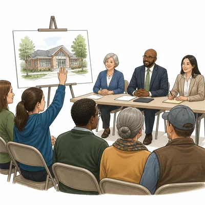 A student raises a hand at a community meeting about a proposed library.