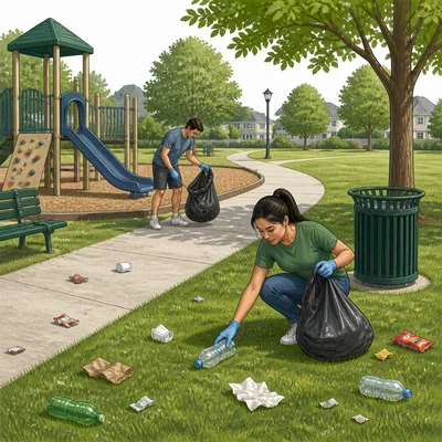 A littered neighborhood park with volunteers starting to clean up.