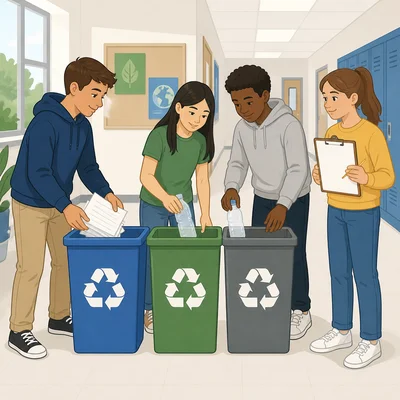 Students organize recycling bins and plan a school recycling program.