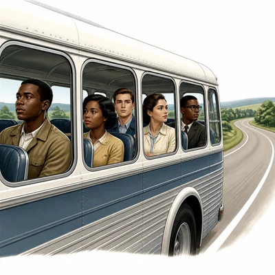An integrated group of Freedom Riders traveling together by bus.