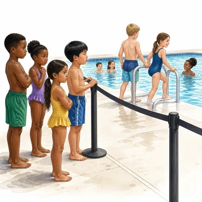 Children at a public pool divided by an unfair barrier.
