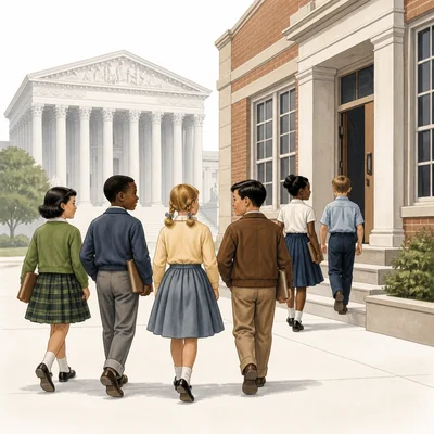 Diverse students entering the same school with a courthouse in the background.
