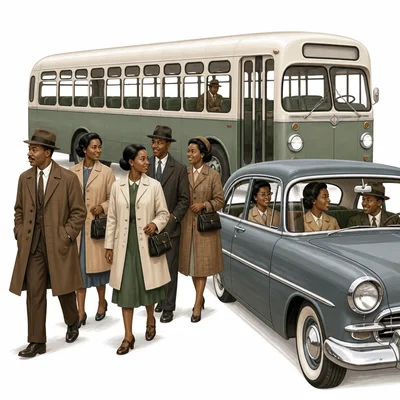 People walking and carpooling while a city bus sits in the background.