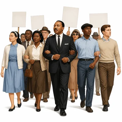 A peaceful civil rights march with people holding blank signs.