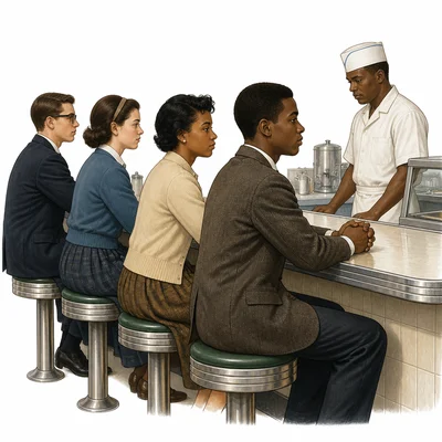 Young protesters calmly sitting at a diner lunch counter.