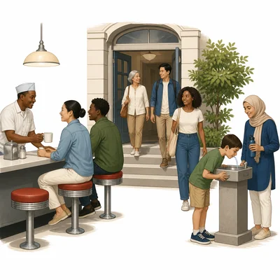 People of different races using public spaces together.