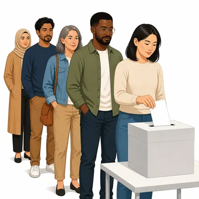 Diverse citizens voting at a ballot box.