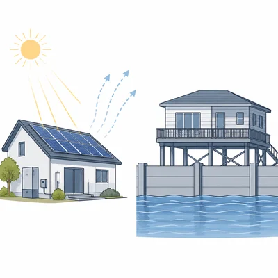 Side-by-side illustration of rooftop solar panels and flood-protected buildings.