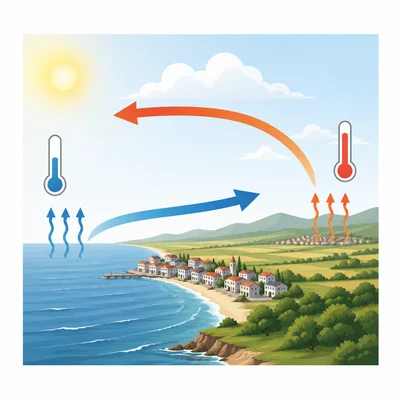 Coastal and inland areas showing ocean temperature moderation.