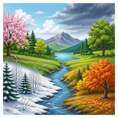 Temperate landscape with four seasons, forests, grasslands, and rainfall.