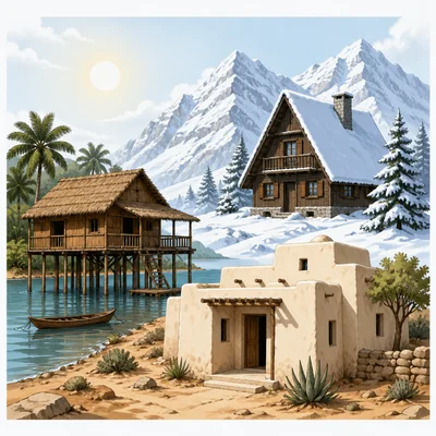 Homes adapted to flooding, snowy mountains, and hot dry climates.