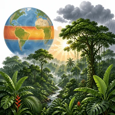 Rainy tropical rainforest with a highlighted central band on a globe.