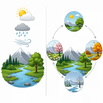 Split diagram comparing daily weather symbols with seasonal climate patterns.