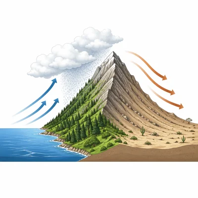 Mountain rain shadow diagram showing wet and dry sides of a mountain range.