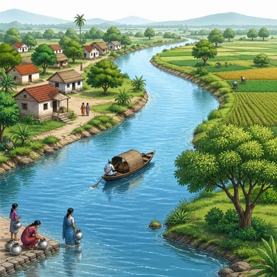 Community, farms, and boats located along a river.