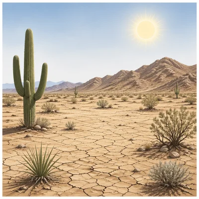 Dry desert landscape with sparse plants and cracked ground.