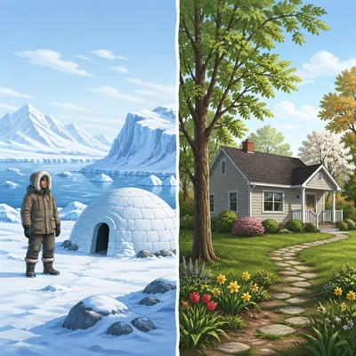 Comparison of a snowy polar region and a greener temperate region.