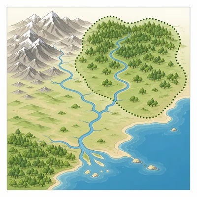 Simplified map with a shaded area showing a geographic region.