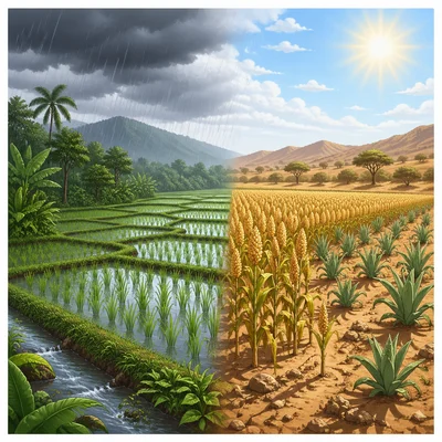 Different crops growing in wet and dry climate farm settings.