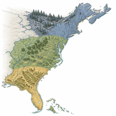 Map-style diagram showing three colonial regions along the eastern coast of North America.