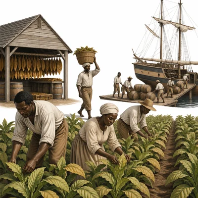 Enslaved Africans working in fields and near trade goods in the colonial economy.