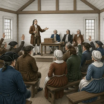 Colonists participating in a town meeting and voting.
