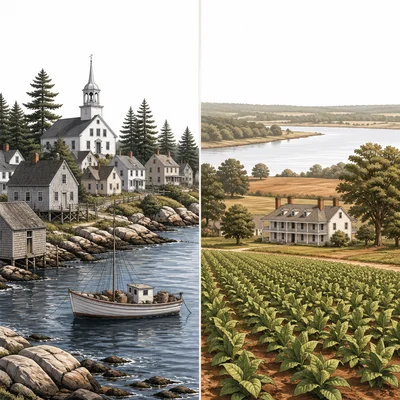 Side-by-side scene comparing a New England coastal village with a Southern plantation landscape.