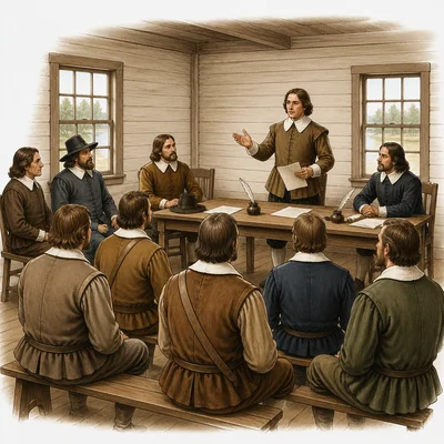 Colonial representatives meeting in an assembly room.